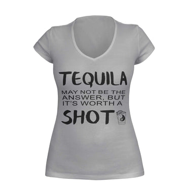 Gray V-Neck T-shirt with text: 'Tequila may not be the answer, but it's worth a shot.' The design features a shot glass with a yin yang symbol, created by WooHoo Apparel.